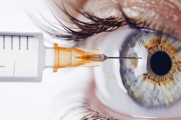 Precision in Focus: An extreme close-up of a human eye, depicting medical intervention with a syringe, highlighting the intricate details of vision care and surgical precision.