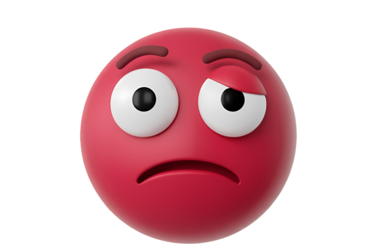 Bored red 3D emoji with skeptical, tired, and unamused expression on transparent background.