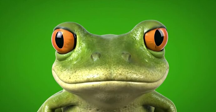 Close-up of a green cartoon frog with orange eyes against a green background.