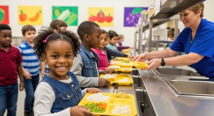 Obraz premium Smiling young girl happy to receive healthy school lunch from cafeteria worker
