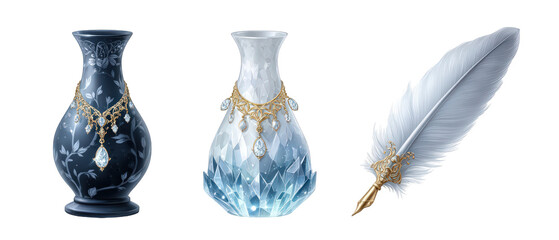 Elegant collection of decorative vases and a feather quill on a transparent background