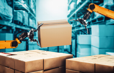 Smart robot arm system for innovative warehouse and factory digital technology . Automation...