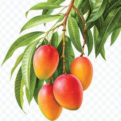 realistic fresh ripe mangoes hanging on branch with green leaves in different style isolated on transparent background	
