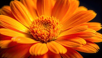Close up macro photography of a vibrant orange calendula flower with detailed petals and natural light casting soft shadows against a dark background