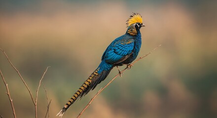 Exotic blue pheasant bird with yellow crest perched on dry branch