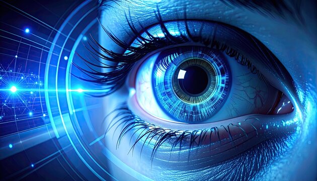 Close up Macro of a Bright Blue Human Eye with Digital Network Grids and Light Streaks Overlay symbolizing Futuristic Technology and Cybernetics - Powered by Adobe