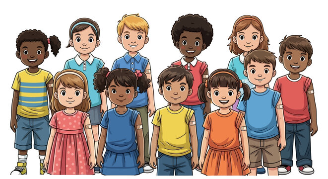 children getting vaccinated diverse kids with bandages after vaccination ready for school promoting child healthcare and immunization programs. - Powered by Adobe