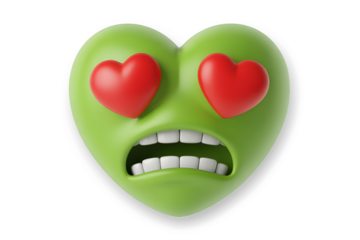 Green heart shape 3d angry-faced emoji on white background.