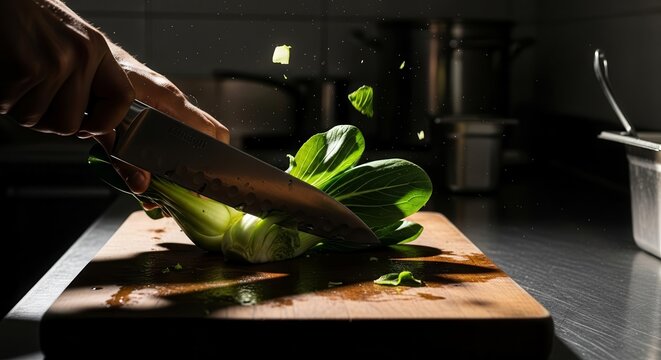 Chef Prepares Fresh Bok Choy for Culinary Creation in a Professional Kitchen Scene