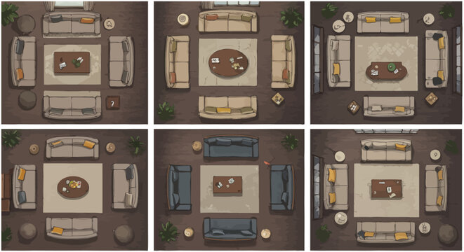 floor plan layout room with sofas table and decor arranged for interior design home staging mockup for real estate listings interiors