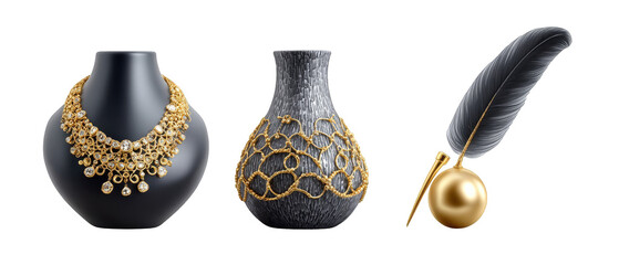Elegant display of black and gold vases with jewelry and a feather quill on a neutral backdrop