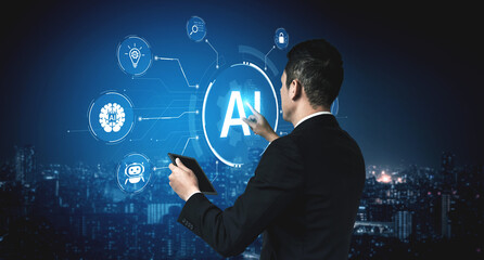 A concept of a multifunctional AI platform. This central intelligence hub powers various business...