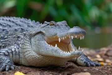 Obraz premium close-up of an african crocodile basking on the riverbank, its mouth open and teeth visible as it courts sunlight with its tongue