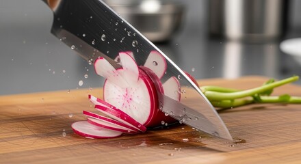 Chef's Knife Cutting Fresh Radish On Wooden Board With Water Droplets