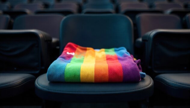Sports Jersey and Ticket Detail A very detailed, shallow depth of field close up shot of a folded, vibrant sports jersey resting on a clean, empty stadium seat. A single sports event ticket is subtly