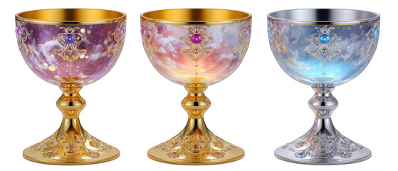Exquisite decorative goblets showcasing vibrant cosmic designs in a luxurious setting