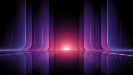 Abstract purple and pink light beams on a dark reflective surface