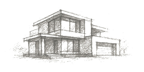 Old house sketch: Vintage black and white architectural drawing of a rustic farm building exterior in the snow