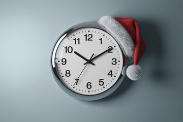 Round office clock with a red Santa hat on top.