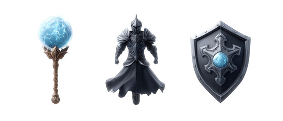 Fantasy battle scene featuring a mystical staff, armored figure, and shield with glowing orb