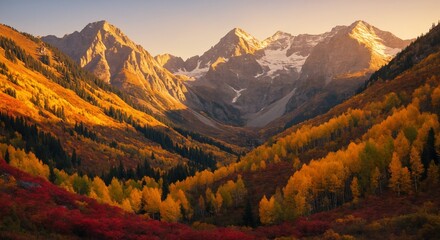 Autumn mountain landscape with golden trees and snow-capped peaks at sunset