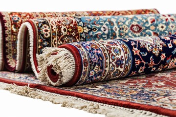 Rolled Carpets Display: An array of vibrantly patterned carpets, meticulously rolled, showcase intricate designs and textures, offering a glimpse into artistry and craftsmanship.