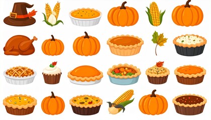 Cartoon Thanksgiving Icons Including Pumpkins Pies Corn Turkey Cupcakes Pilgrim Hat and Autumn Leaf on White Background Symbolizing Harvest Celebration Holiday Tradition and Editorial Seasonal Styling