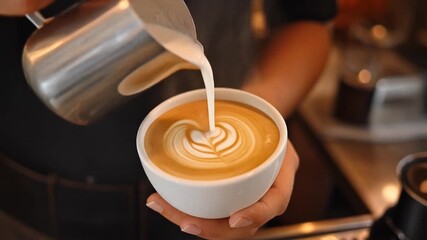 4K close up footage of barista pouring creamy latte art in slow motion on white cup with steam rising warm tones and cozy café atmosphere perfect for coffee branding and product advertising - Powered by Adobe