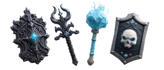 Fantasy weapons and shields featuring intricate designs, glowing elements, and mystical motifs