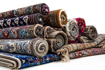 Rolled Rugs: An artistic display showcases a collection of colorful, rolled rugs, each bearing unique patterns, textures, and designs, inviting viewers to explore their intricate details.