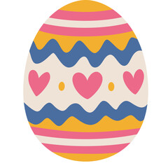 Easter Egg Decoration with Pink Hearts and Yellow and Blue Wavy Stripes on Transparent Background
