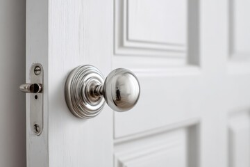 Obraz premium Doorknob. Door handle and latch of brass on veneer doors. Metal door handle with and keyhole on white door. Close - up elements of the interior of beautiful apartment. Elegance and modernity design