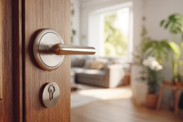 Doorknob. Metal door handle lock and latch of chrome on veneer doors. Door wooden half opening through cozy living room interior background, selective focus. Modern trends of interior design. Close-up