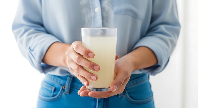 Woman holding glass of rehydration fluid, oral rehydration solution to replenish body fluids after vomiting