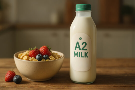 Milk intolerance alternative dairy a2 bottle bowl cereal strawberry blueberry morning breakfast healthy calm