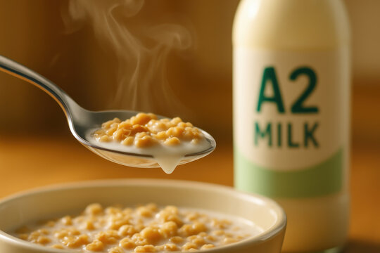 Creamy milk alternative breakfast with steaming cereal spoon and a2 dairy label bottle milk intolerance friendly warm bowl morning comfort