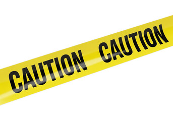 Bright yellow caution tape diagonal with bold black text warning safety barrier crime scene