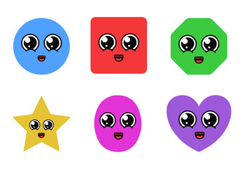 Kawaii Cartoon Geometric Shapes Set Cute Face Kids Education