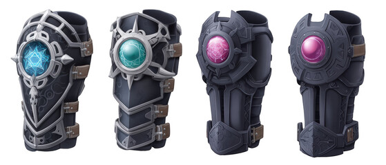 Four intricately designed fantasy gauntlets showcasing unique magical orbs, set against a neutral background