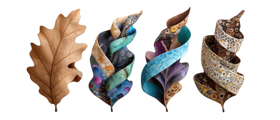 Four intricately designed leaves showcasing vibrant patterns and textures against a plain background