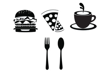Black Food & Drink Icon Pack – Monochrome Burger, Pizza, Coffee, Fork, Spoon Vector Set