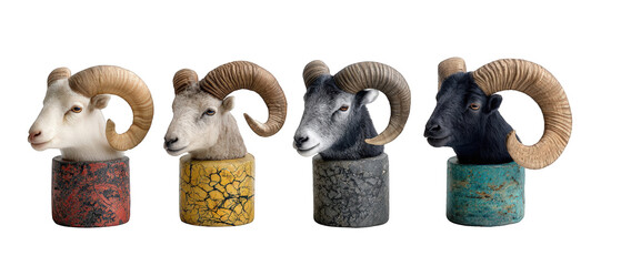 Four stylized ram heads in vibrant colors displayed in artistic pots against a neutral background