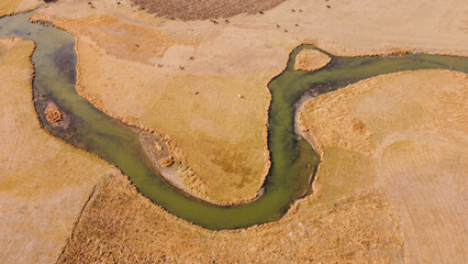 Aerial View of a Winding River Through Dry Golden Grasslands