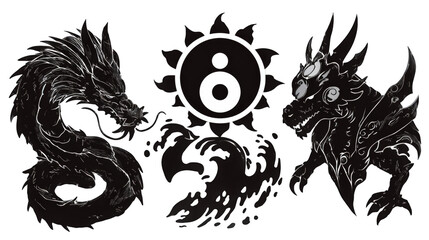 Intricate dragon illustrations representing contrasting elements of water and fire in a mystical design