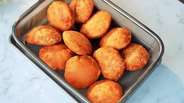 Kachori - Khasta Kachori - famous Indian snack and street food, freshly fried to golden crisp perfection. Chef displays it beautifully on restaurant tabletop, filled with spicy lentils, herbs, snacks