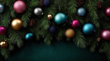 Festive holiday decorations christmas celebration image indoor close-up colorful ornaments on green pine branches