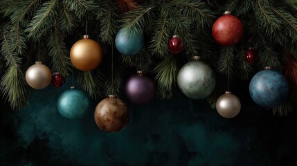 Christmas ornaments hanging from pine branches festive decor warm indoor setting close-up view holiday spirit