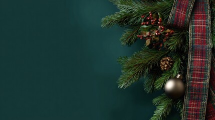 Decorative christmas wreath with ornaments festive home interior close-up green background holiday spirit