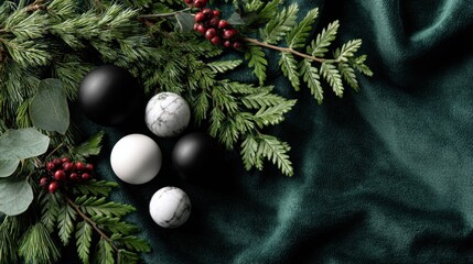 Elegant holiday decor arrangement festive setting styled image green velvet background close-up view seasonal concept