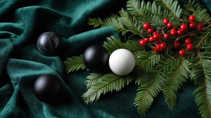 Decorative holiday arrangement with black and white balls festive greenery indoor setting close-up view celebration concept